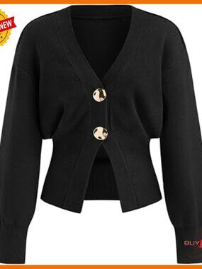 V-Neck Knit Cardigan with Gold Buttons, Open Front Sweater for Layering